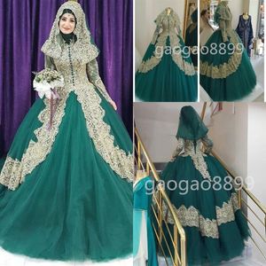 Türk İslami Kadın Gelinlik 2019 Couture Ballsown Robe De Mariage Altın Aplike Hijab Dubai Kaftan Müslüman Gelinlikler228a