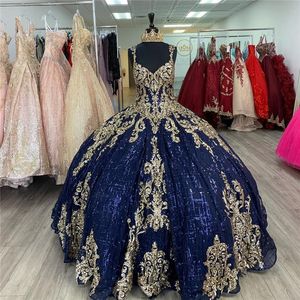 2022 Glitter lacivert ve Altın Emzetilmiş Pageant Balo Elbiseleri Balo Elbise Key Deliği Arka Korse Blingling Quinceanera Sweet 15 Dres315R