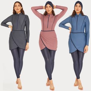 Kadın Mayo Müslüman Mayo Kadınlar Mütevazı Patchwork Hijab Uzun Kollu Spor Mayo 3 PCS İslami Burkinis Giyim Banyo Takımını 230720