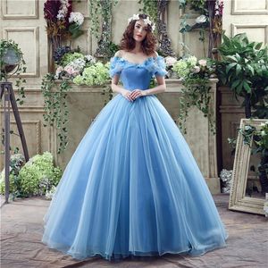 Mavi balo balo elbisesi yeni film prenses cinderella cosplay kapalı omuz tül parti elbisesi 26240254k