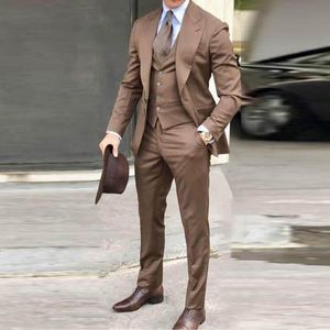 Erkek Suit Blazers Mens Suit Damat Smokin Kahverengi Balo Düğün Erkekler Takım Slim Fit Pamuk Karışımı 3 PCSJACKETPANTSVEST 230720