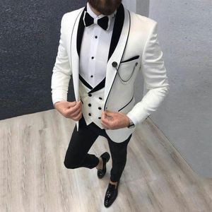 Trim Fit Beyaz ve Siyah Düğün Takımları Prom Partisi Resmi Takım Elbiseler Damat Smokin Şal Yüzü 3 Parçası Erkekler Ceket Pantolonları Vest231o