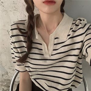 T-Shirt Feminina Summer Ice Silk Tricot Tops Women Vintage Chic Loose Striped T-Shirt Y2k E-Girl Lapel Neck Manga Curta T-shirts 230721