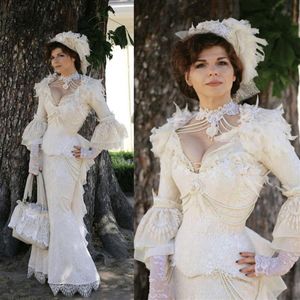 Vintage Victoria Dantel Denizkızı Akşam Elbiseleri 2022 Kabarık Uzun Kollu Tüy 3D Çiçek Gotik Dantel Korse Cosplay Prom Gowns P2797