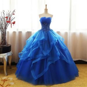 Fancy Royal Blue Ball Gown Prom Dress Immagine reale Quinceanera Abiti senza spalline Organza Abito da cerimonia formale con strati Tulle Flora3205