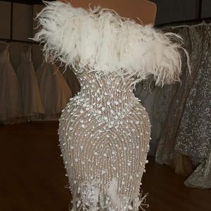 Luxury Feather Strapless Cocktail Dresses 2021 Sequins Short Prom Dress Women Party Robes De Beading Vestidos2448