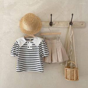 Giyim Setleri 2023 Yaz Bebek Kız Kısa Kollu Denizci Yaka Tişörtleri Moda Solid Etekleri Çocuk Şort Culotte