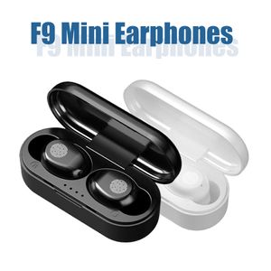 F9 Mini TWS Bluetooth Kulaklıklar Kablosuz Kulaklıklar Mikrofon Sport Su Geçirmez Kulaklıklar Dokunmatik Kontrol Müzik Kulakları Perakende Kutusunda Mini El Feneri