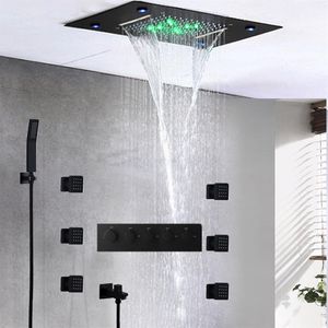 Siyah Şelale Duş Seti Masaj Tavan Duş Paneli LED Termostatik Banyo Banyo 2 İnç Vücut Jetleri Yağış El Duş Kit306B