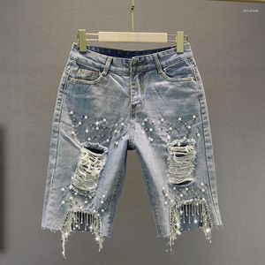 Frauen Jeans 2023 Perlen Loch Baumwolle Denim Frauen Shorts Herbst Gerade Quaste Knielange Weibliche Kleidung Top Qualität