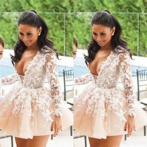 Cheap V Neck Short Mini Homecoming Dresses 2019 Long Sleeve Lace Applique Short Prom Dress Formal Party Evening Gowns254K