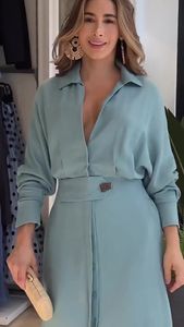 V Boyun Gömlek Elbise Moda Elbise Kadın Lüks Zarif Düz Renkli Gece Elbise Midi Elbise 2023 Parti Slip Cepleri Şık Uzun Kollu Giysiler