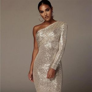 One Shoulder Shiny Sexy Cocktail Dresses Long Sleeve Sequined Women Party Wear Special Occasion Gowns Cheap306c