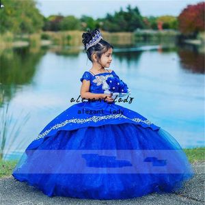 Kraliyet Mavi Boncuklu Çocuklar Prenses Elbise Küçük Kızlar Güzellik Pageant Kabarık Çiçek Kız Doğum Günü Destekler 278h