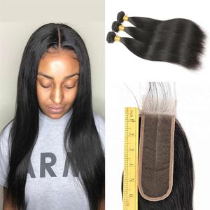Brezilya İnsan Saçı 2x6 Orta Parça Dantel Kapatma ile 3 Paketler Ucuz Silky Düz 2 6 inç Doğal Görünümlü Derin Ayrılık İnce C2876