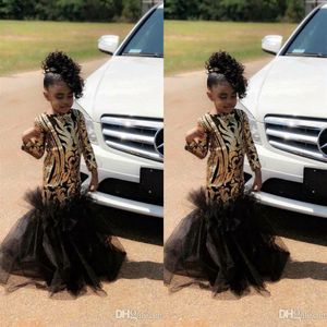 2019 Siyah ve Altın Denizkızı Çiçek Kız Elbiseleri Sequins Dantel Fırfır Tren Kızlar Pageant Elbise Artı Boyutu Resmi Küçük Prom Pa271E