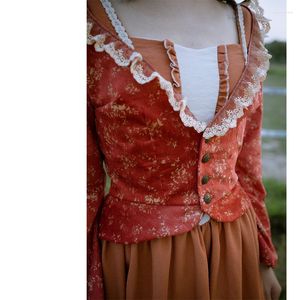 Kadın Ceketleri Bahar Sonbahar Orijinal Tasarım Kadınlar Fransız Rokoko Lolita Kraliyet Vintage Dantel Trims Turuncu Kırmızı Kadife Kısa