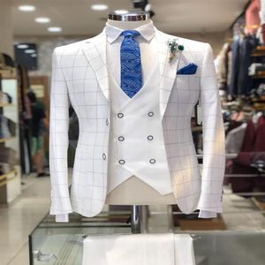 Verão bonito branco xadrez noivo usar lapela pontiaguda ajuste fino smoking casamento masculino calças de grife ternos jaqueta colete calças290q
