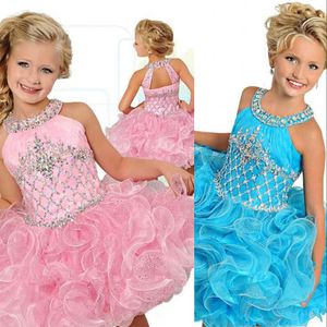 Kısa Cupcake Pembe Gökyüzü Mavi Balo Elbise Kızlar Pageant Elbiseleri Mücevher Boyun Ruffles Organza Kabarık Kristal Boncuklar Çiçek Kız Doğum3420