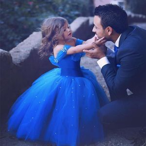 Uzun Prenses Külkedisi Çiçek Kız Elbiseler Omuz Kapalı Zemin Uzunluğu Balo Elbise Mavi Kids Pageant Gowns En Yeni Tasarım Özel 307h