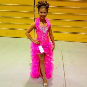 2022 Sevimli Kızlar Noel Pageant Elbiseleri Fuşya Organza Kristal Yüksek Düşük Küçük Çocuklar Düğün Yuarı Glitz Cupcake Çocuk Partisi2532