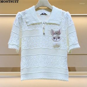 Pulls femme brodé Crochet tricot t-shirt hauts femmes pull pull 2023 été manches courtes col rabattu élégant