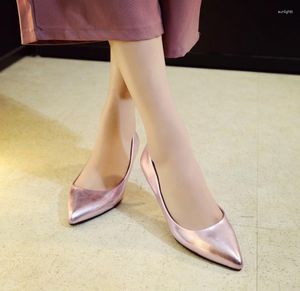 Отсуть обувь Spring Woman Med Heels Tucons Tacones Указанные пальцы на мелкие блестящие кожа 4 см каблуки Сексуальные офисные дамы Деловая карьера