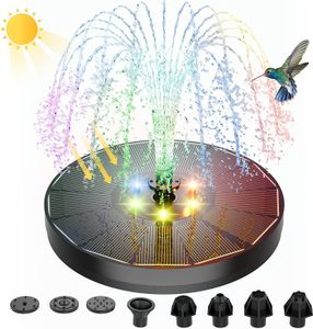 Solar Fountain Water Pump with Color LED Lights, 3W Solar Pond Pump, 7 Nozzles, 4 Fixers for Bird Bath Garden Decor Floating Tank