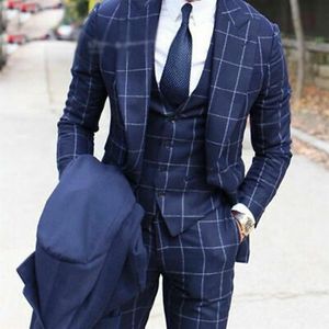 Классические свадебные смокинги мужской костюмы Slim Fit для мужчин Blue Check Formal Groom Bridal Wide