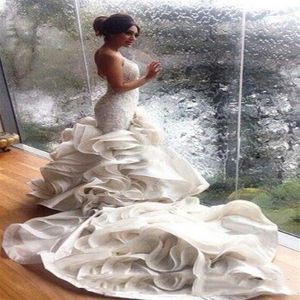 2021 Настоящие фото русалки Свадебное платье без рукавов с длинным многоуровневым кружевным тюлем.