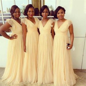 2021 Açık Sarı Nedime Elbiseleri Şifon V Boyun Kat Uzunluğu Çıkarılmış Nedime Resmi Parti Gowns Form Düğün Ucuz Plus SIZ272L