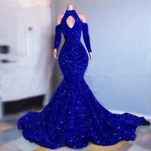 Artı boyutu kraliyet mavisi payetler denizkızı balo elbiseleri zarif uzun kollu gece önlükleri omuz kadınları resmi parti elbisesi212a