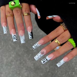 False Nails 24pcs Black And White Graffiti Full Cover Wearable Overlength Press On Nail TIps Finished Piece Sticker