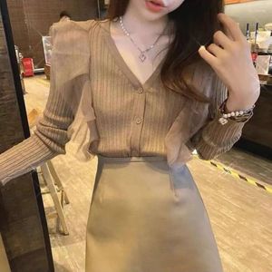 Kadın Dizileri 2023 Sonbahar Kore tarzı dip gömlek uzun kollu üst yumuşak pembe kazak v yaka patchwork şeker renk hırka kadın