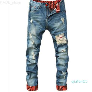 Erkekler Sıcak Satış Çençleri Sıradan Düz Retro İnce Skinny Jeans Moda Tasarımcısı Yırtık Erkekler Hip Hop Açık Mavi Denim Pantolon L230724