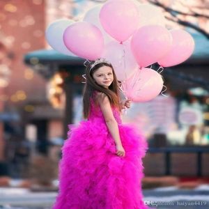 2017 Kızlar Pageant Elbiseleri Prenses Tül Tulun Aynen Aplike İnciler Fuşya Mücevher Boyun Katmanlı Etekler Çocuk Çiçek Kızlar Giyim Ucuz Birt3269