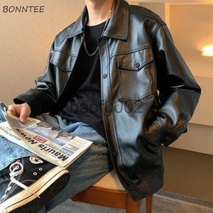 Мужская куртка кожаная куртка мужчина красивая высокая улица хип -хоп одежда мешковатая мода Стильная повседневная ульзанг подростков динамичный черный прохладный популярный J230724