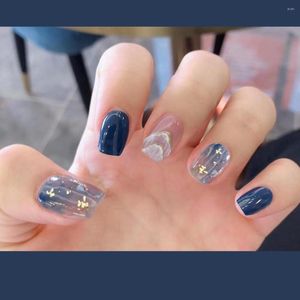 Unhas postiças 24 peças de adesivos de arte para unhas azul marinho mancha curta vestindo armadura descartável por atacado manicure