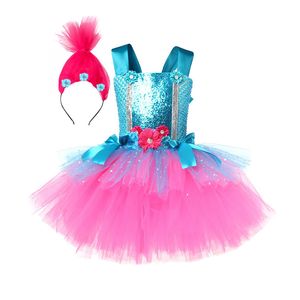 Cadılar Bayramı Trolls Kostüm Bebek Kız Elbise Moda Kid Up Yay Çiçek Dantel Partisi Tunik+Kafa Bandı Peruk 2pc Set Çocuk Frock