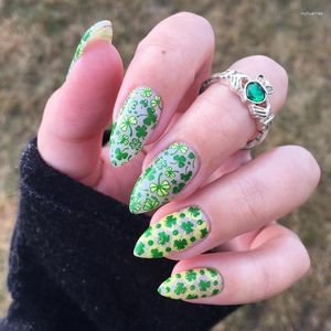 False Nails 24Pcs St. Patrick's Day French Tip Press On Short Square Fake Green Shamrocks Design Nail Glossy Acrylic