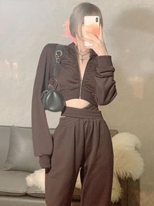 Kadın Hoodies Sudaderas Para Mujer İki parça Set Kadınlar Kırpılmış fermuar ceket ve geniş bacak uzun pantolon Kore moda eşofman kıyafetleri