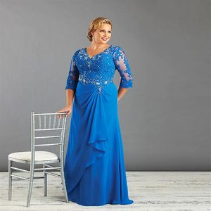 2019 Fashion Plus Size Mother of the Bride Dress 3 4 Sleeve V Neck Beaded Lace Chiffon Column Women Formal Gowns Custom Made2454