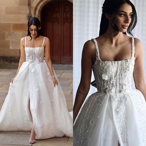 Modern A Hat Wedding Sexy Spagetti 3d Çiçekler Gelin Gowns Özel Yapımlı Kolsuz Artı Beden Plaj Gelin Cüppeler