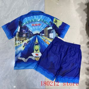 Mens Tracksuits Blue City Gece Çılgın Yarış Baskı Hawaii Şort Gömlek Set Erkek Kadın Kazablanka Plajı Takım Japonya 230724