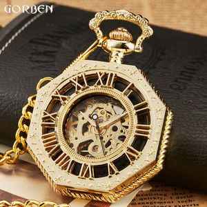 Cep Saatleri Klasik Altıgen Mekanik Cep Saati FOB Zinciri Steampunk Roman Sayısal Dial Skeleton Golden Hollow Çelik Çelik Saati 230724