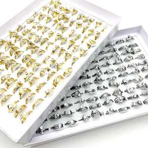 Toptan 100 PCS Paslanmaz Çelik Bant Yüzükleri Kadınlar için Gümüş Altın Kaplama Çılgılaşım Saf Zirkon Taş Moda Mücevher Aksesuarları