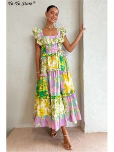 Temel gündelik elbiseler çiçek baskısı patchwork çok katmanlı pileli elbise kadın tatil kare yakalı dantel elbise yaz plaj elbisesi 230724
