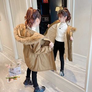 Aşağı Pamuklu Padded Kız Palto Kış Sıcak Ceket 2023 Yeni Moda Kapşonlu Kürk Yaka Plus Velvet Katı Çizim Çocuk Dış Giyim HKD230725
