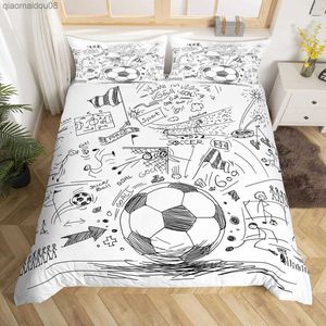 Футбольная одеяла на кавер -набор рука нарисованные эскизы футбольный флаг сеть спортивных постельных принадлежностей для мальчиков для мальчиков Мужчины с двойной одеждой L230704