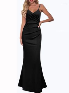 Sıradan Elbiseler 2023 Dökümlü V yakalı şık akşam elbise Kadın Siyah Satin Resmi Kolsuz Zemin Uzunluğu Seksi Bodycon Robe